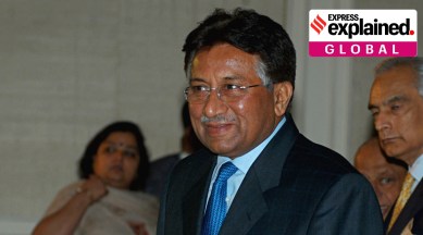 Former Pakistani President Pervez Musharraf greets the audience as he arrives for a meeting with Indian businessmen in New Delhi. (Express Photo by Praveen Jain)