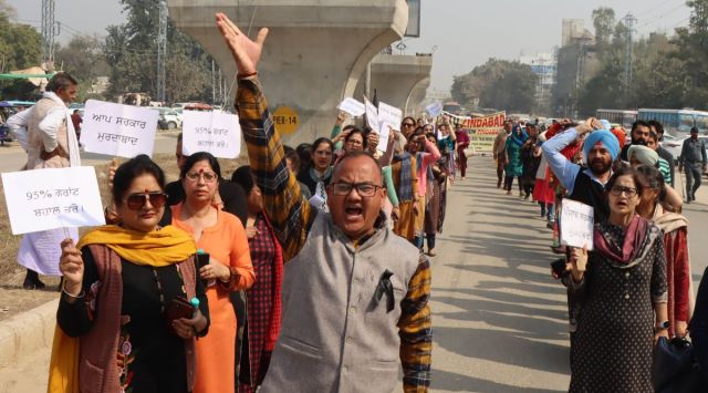 On the call given by Punjab & Chandigarh College Teachers's Union,   Protest rally by Asst. Professors in Ludhiana on Thursday. (Express Photos by Gurmeet Singh) 