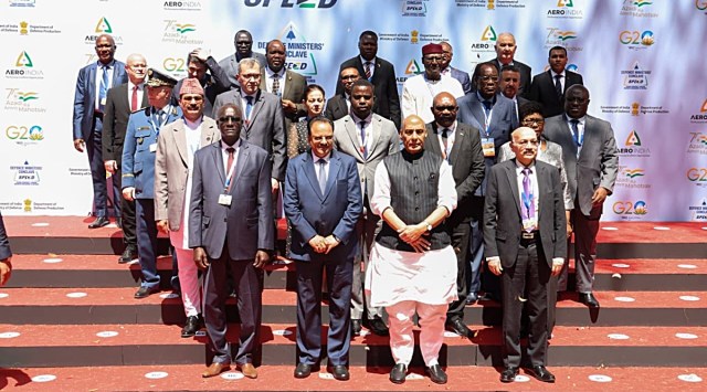 Rajnath Singh was addressing Defence & Deputy Defence Ministers of 27 countries at the Defence Ministers’ Conclave held on the sidelines of Aero India 2023. (Twitter/@rajnathsingh)