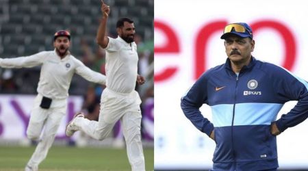 Mohammad Shami bowling in Wanderers in the left and Ravi Shastri on the right. (FILE)