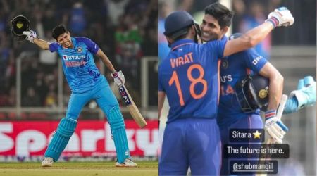Shubman Gill after scoring his 100 on left. (PTI) Virat Kohli's Instagram story on right. (Screengrab)