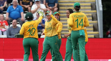 South Africa women celebrate the fall of an India wicket during their tri series final triumph. (ICC/Twitter)