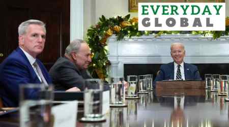 President Joe Biden, right, at the top of a meeting with congressional leaders to discuss legislative priorities for the rest of the year, Nov. 29, 2022, in the Roosevelt Room of the White House in Washington.  (AP Photo/Andrew Harnik, File)