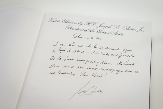 "Kyiv has captured a part of my heart. I knew I would be back," wrote Biden on Twitter, sharing a photo of the message he left in the guest book in Mariinsky Palace, Kyiv. (Twitter/POTUS)