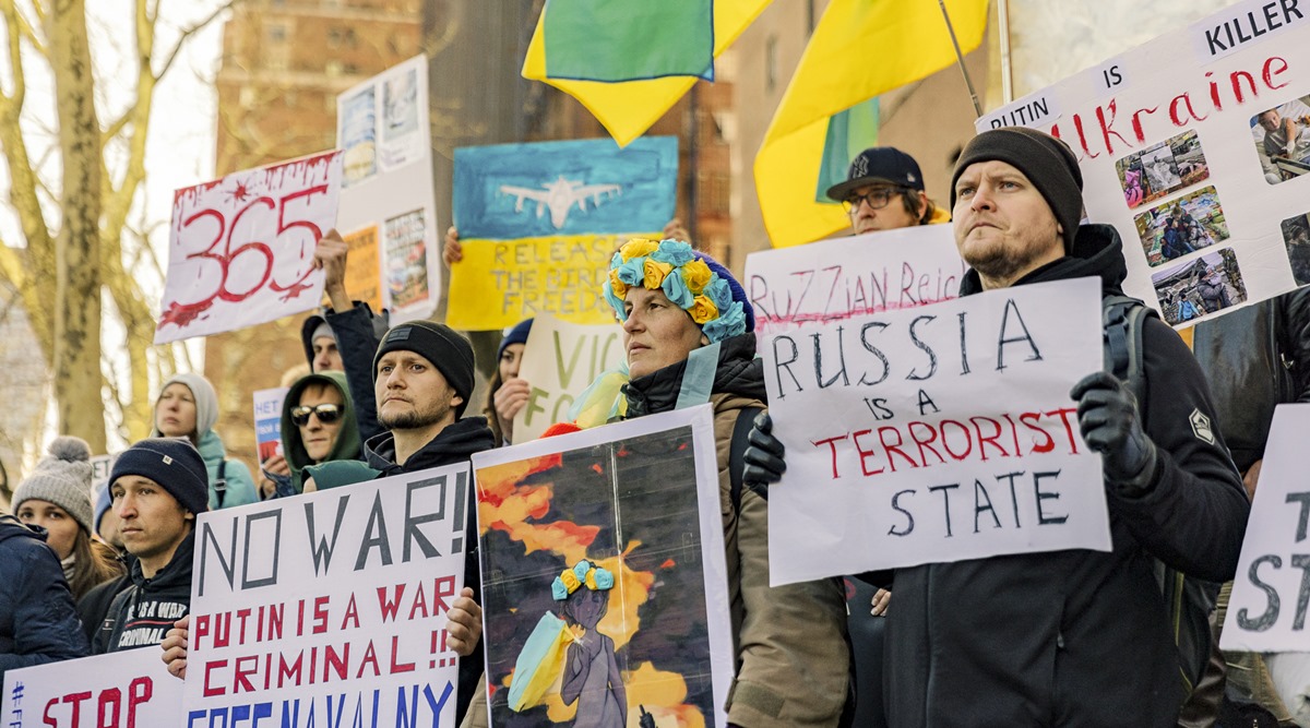 People rally in support of Ukraine during an anti-war demonstration outside the United Nations headquarters in Manhattan on Friday (New York Times)