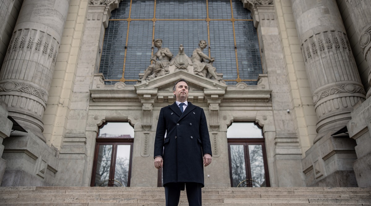 David Pressman, a gay human rights lawyer and ambassador to Hungary, outside the country's former National Television headquarters in Budapest (New York Times)
