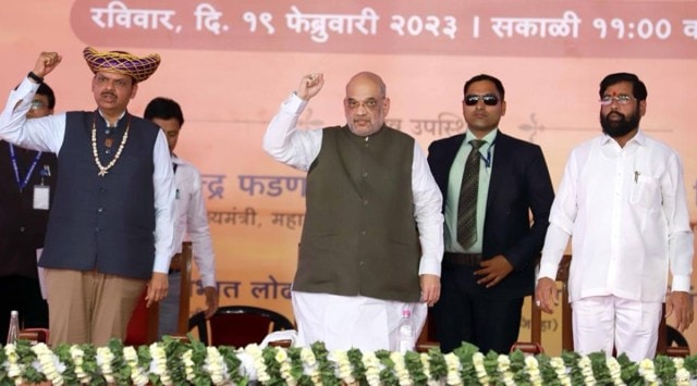 Union Home Minister Amit Shah during the inauguration of the first phase of Shivsrushti in Pune on Sunday. Chief Minister Eknath Shinde and Deputy CM Devendra Fadnavis also attended the event. (Express photo by Pavan Khengre)