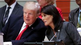 File photo of President Donald Trump speaking with U.S. Ambassador to the United Nations Nikki Haley before a meeting during the United Nations General Assembly at U.N. headquarters in 2017. (AP)