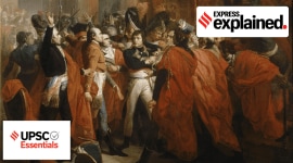 In this François Bouchot painting Napoleon Bonaparte is surrounded by members of the Council of Five Hundred during the Coup of 18 Brumaire.