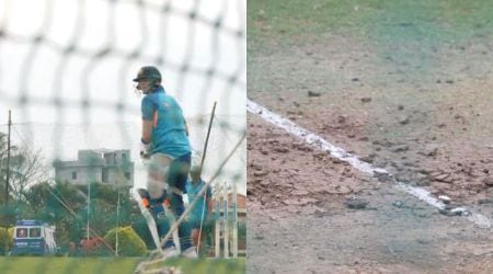 Australian vice-captain Steve Smith batting on the left and the doctored pitch on the right.(Cricket Australia)