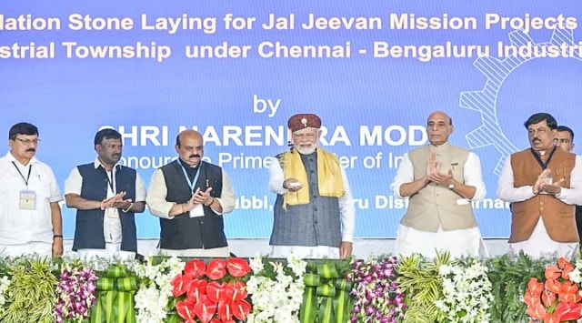 PM Modi inaugurating the helicopter manufacturing factory of the Hindustan Aeronautics Limited (HAL) in Karnataka's Tumakuru. (Express Photo by Jithendra M)