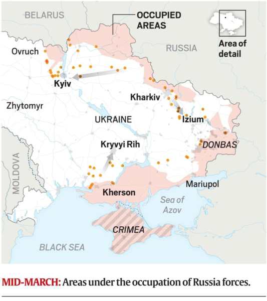 Map showing areas under Russian control in Ukraine.