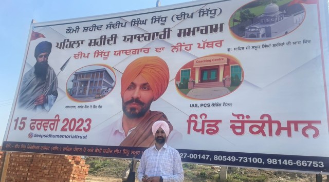 Mandeep Singh, brother of Deep Sidhu, at the memorial site in Chaukiman, Ludhiana. (Express)
