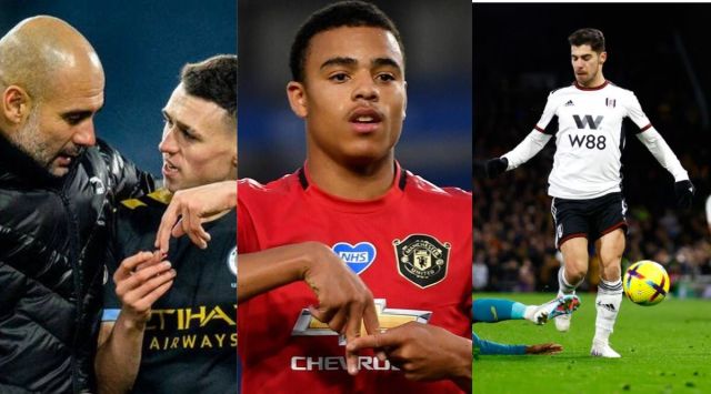 Pep Guardiola with Phil Foden, Manchester United player Mason Greenwood (FILE) and  Fulham's Manor Solomon (AP) from left to right.