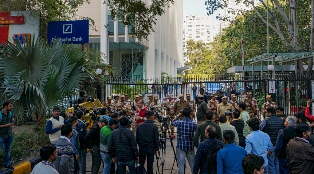 Media personnel outside the BBC office on the second day of Income Tax Department's survey operation (PTI)