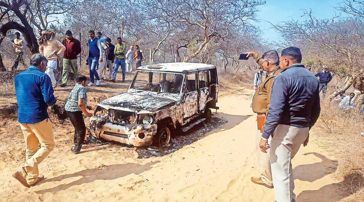 Charred remains of the vehicle at Loharu in Bhiwani district, Haryana. (PTI)