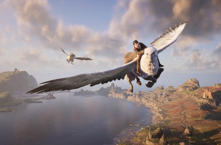 character riding hippogriff in hogwarts legacy video game