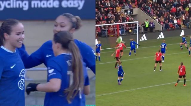 Chelsea women team celebrates after scoring on the left and Manchester United players shots hits the cross bar on the left. (Screengrab)