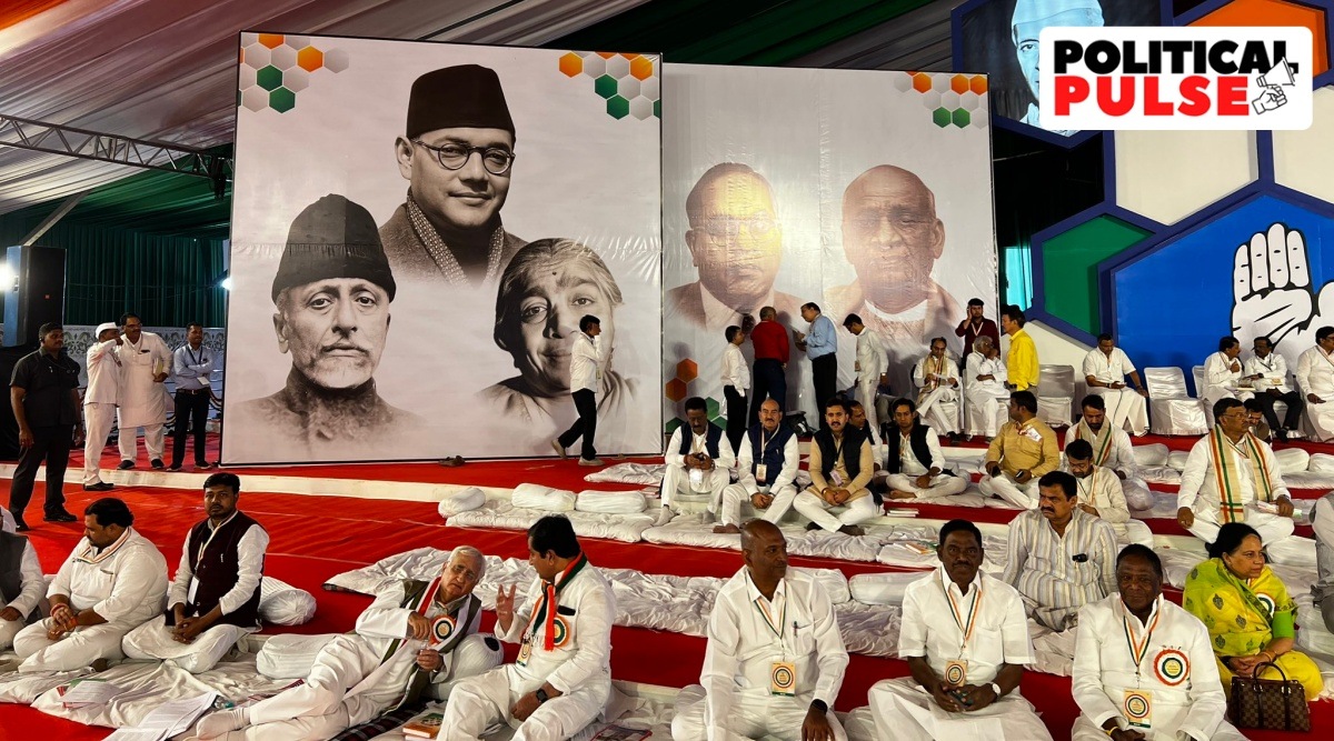 The backdrop of the stage at the Congress plenary, which had its third and final day Sunday, also prominently featured Azad. (Twitter/VaibhavWallia)