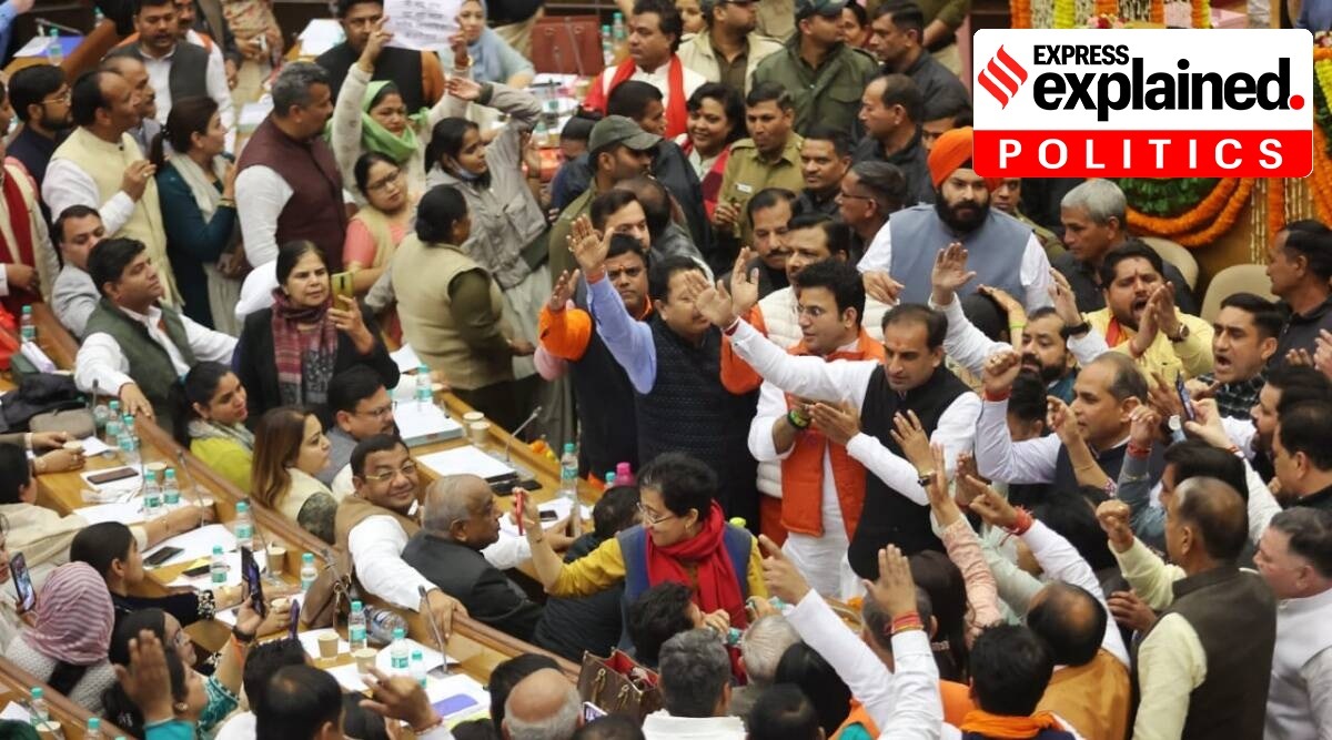 BJP councillors sloganeering inside the MCD house in Delhi.