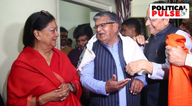 Assam Governor Gulab  Chand Kataria, along with with BJP National General Secretary and in-charge of Rajasthan Arun Singh and former State CM Vasundhara Raje (Express)
