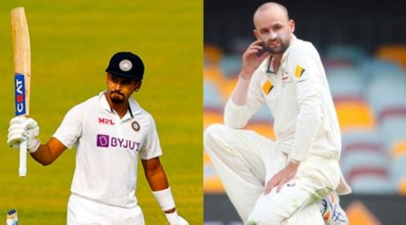 Shreyas Iyer on right and Nathan Lyon on left. (FILE)