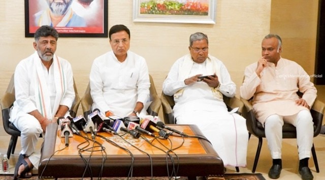 KPCC president D K Shivakumar with Congress Legislature Party leader Siddaramaiah and others during a press conference, February 15, 2023. (Image: Twitter @DKShivakumar)