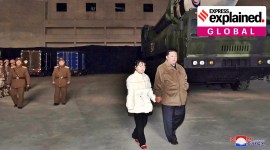 North Korean leader Kim Jong Un, right, and his daughter inspect a missile at Pyongyang International Airport in Pyongyang, North Korea, Nov. 18, 2022.