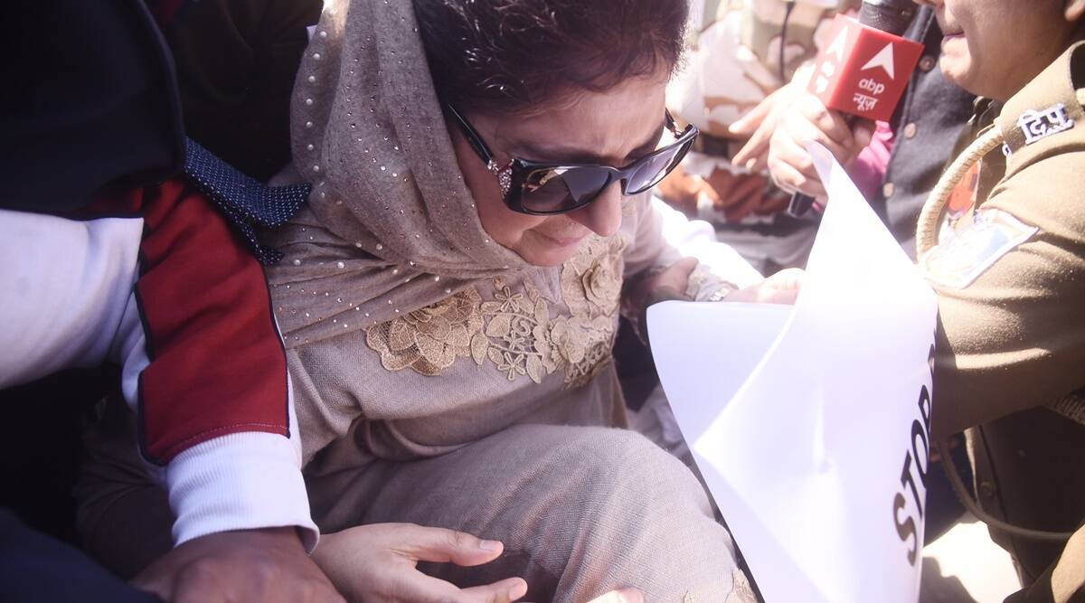 PDP leader Mehbooba Mufti at protest site.
