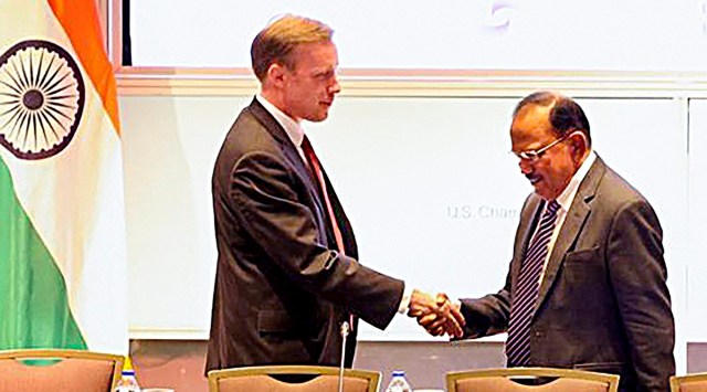 NSA Ajit Doval with his US counterpart Jake Sullivan during a roundtable hosted by USIBC, in Washington on Monday. PTI