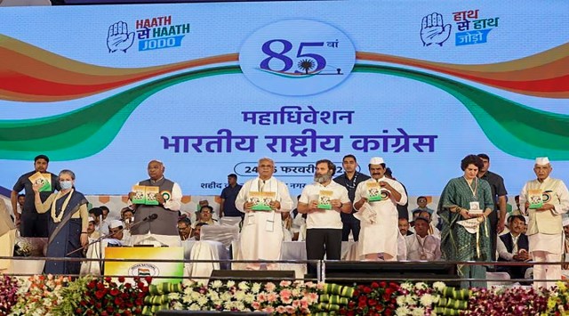 (From left) Congress leaders Sonia Gandhi, Mallikarjun Kharge, Bhupesh Baghel, Rahul Gandhi, K C Venugopal and Priyanka Gandhi Vadra, in Raipur on Saturday. (Photo: PTI)
