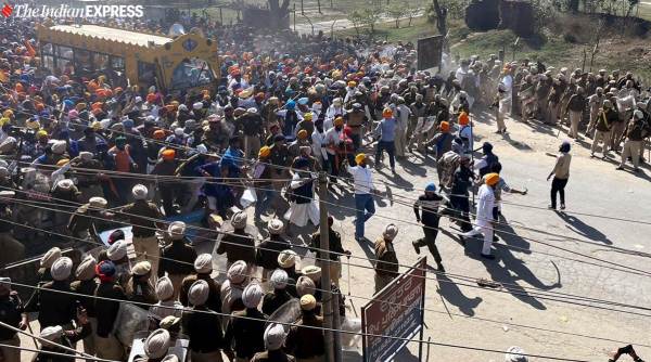 Waris Punjab De followers enter Ajnala police station near Amritsar, Thursday. 