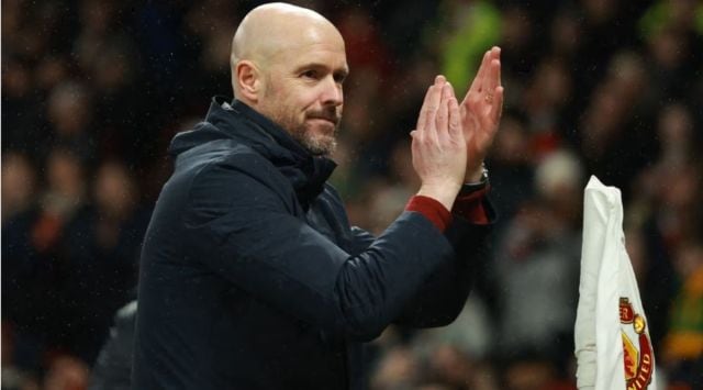 Manchester United manager Erik ten Hag celebrates a result. (Reuters)