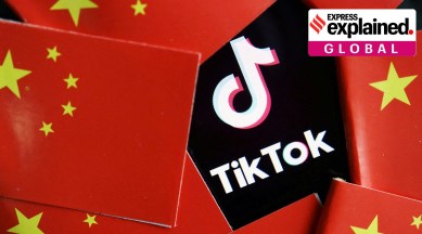 China's flags are seen near a TikTok logo in this illustration picture taken July 16, 2020..