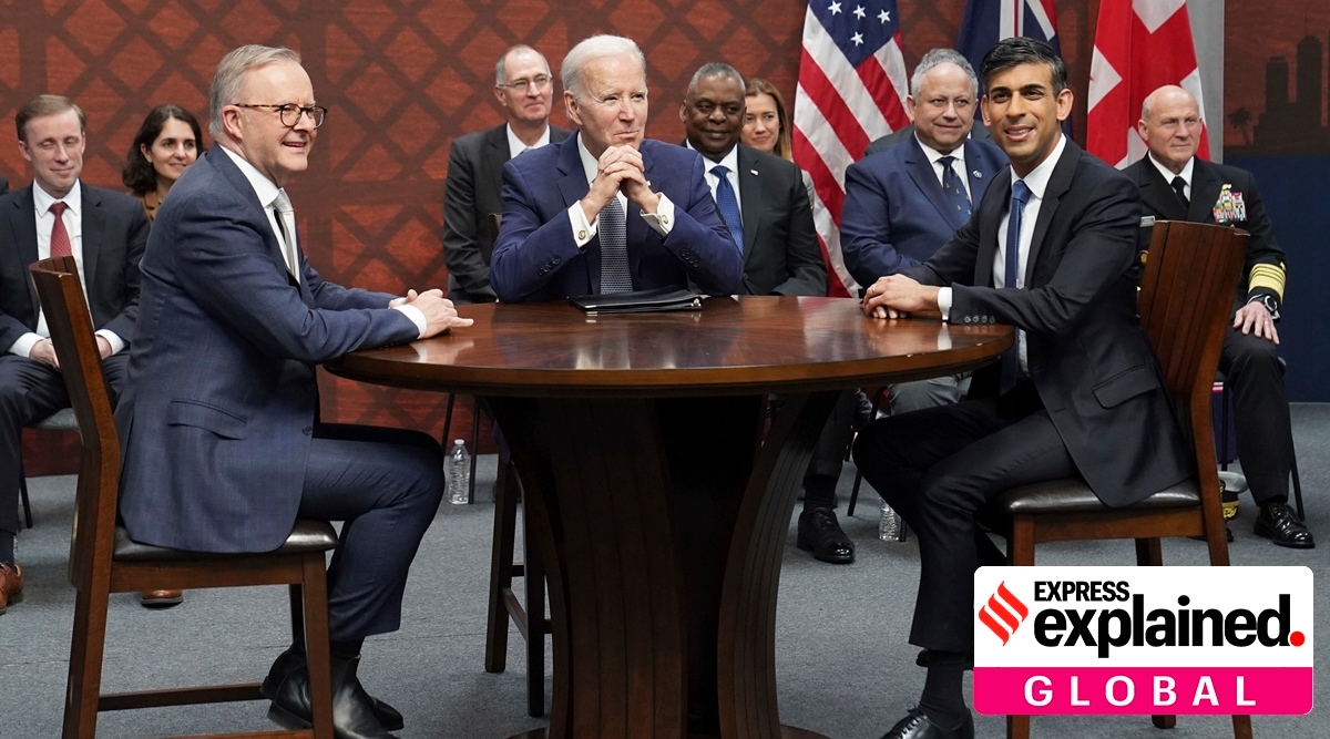 Britain's Prime Minister Rishi Sunak, right, meets with US President Joe Biden and Prime Minister of Australia Anthony Albanese, left, at Point Loma naval base in San Diego, US, Monday March 13, 2023, as part of AUKUS, a trilateral security pact between Australia, the UK, and the US. (Stefan Rousseau/Pool via AP)