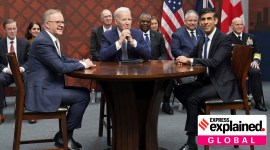 Britain's Prime Minister Rishi Sunak, right, meets with US President Joe Biden and Prime Minister of Australia Anthony Albanese, left, at Point Loma naval base in San Diego, US, Monday March 13, 2023, as part of AUKUS, a trilateral security pact between Australia, the UK, and the US. (Stefan Rousseau/Pool via AP)