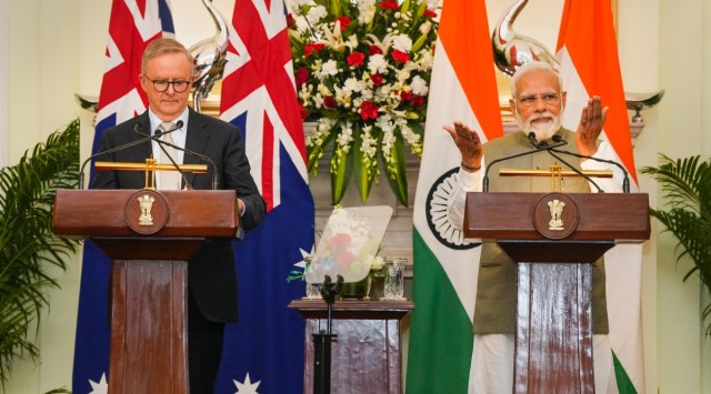 New Delhi: Prime Minister Narendra Modi and Prime Minister of Australia Anthony Albanese during their joint press statement. (PTI)