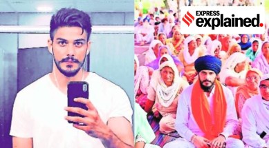 Amritpal singh pictured with short hair in a selfie (left) and from recently, pictured wearing a blue turban.
