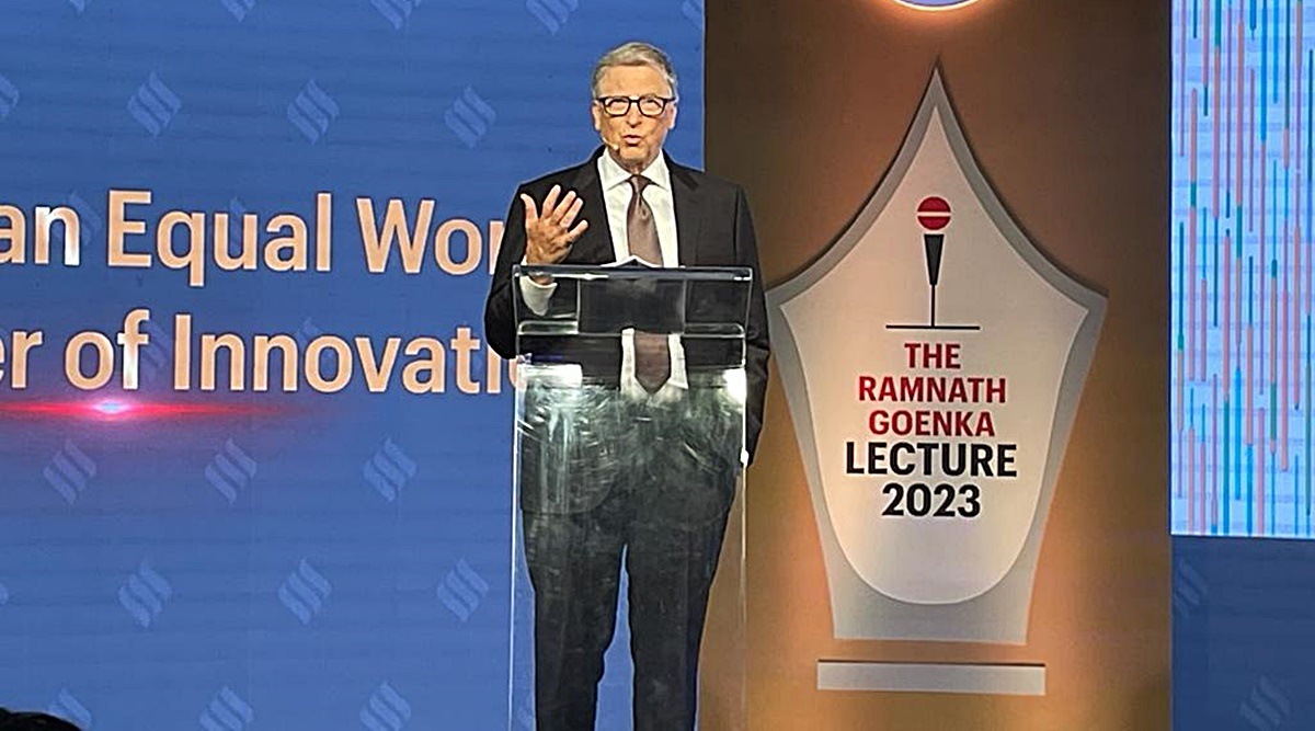 Bill Gates addressing the 5th Ramnath Goenka Memorial Lecture in New Delhi on Wednesday. (Express photo by Renuka Puri)