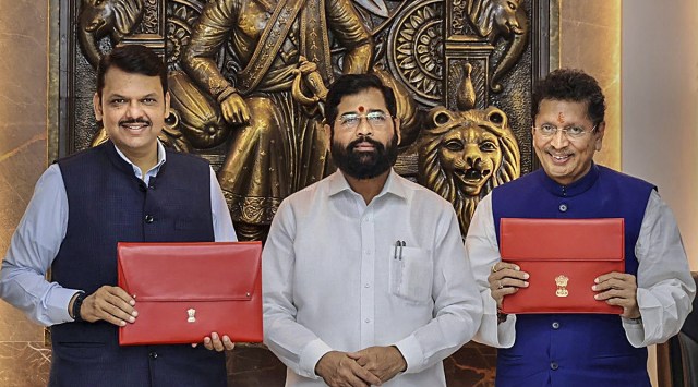 CM Eknath Shinde with Deputy CM Devendra Fadnavis and Minister Deepak Kesarkar in Assembly on Thursday. (PTI)