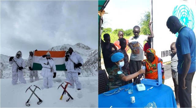 (Left) Captain Shiva Chouhan at the Siachen glacier; and Major Shailli Gehlawat examines a patient at a camp in the conflict-torn Abyei, Sudan. (Photo courtesy: Army)