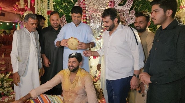 Dushyant Chautala performing pre-wedding ceremonies for his brother Digvijay Chautala's wedding. (Express photo)