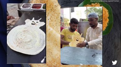 Street vendor makes dosa in the shape of a cat