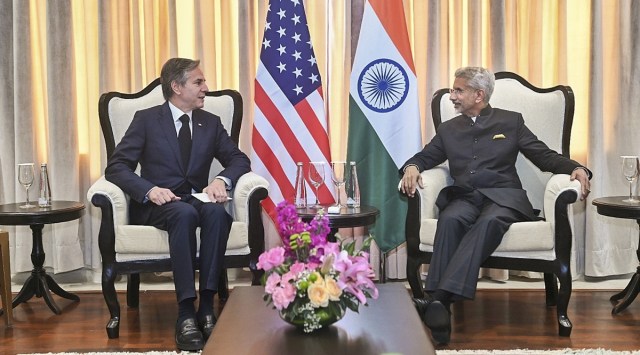 External Affairs Minister S Jaishankar with US Secretary of State Antony Blinken in New Delhi, Thursday. (PTI)