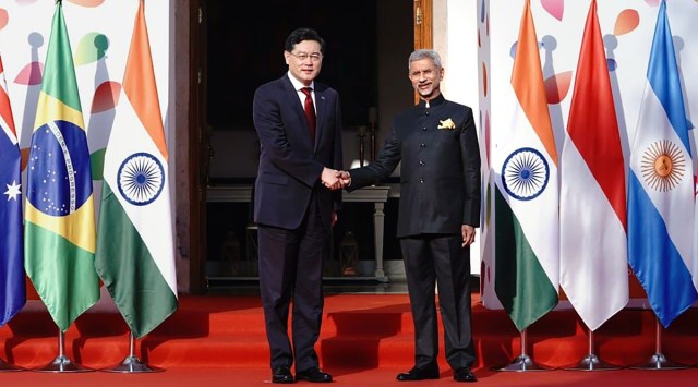 External Affairs Minister S Jaishankar with his Chinese counterpart Qin Gang in New Delhi on Thursday. PTI