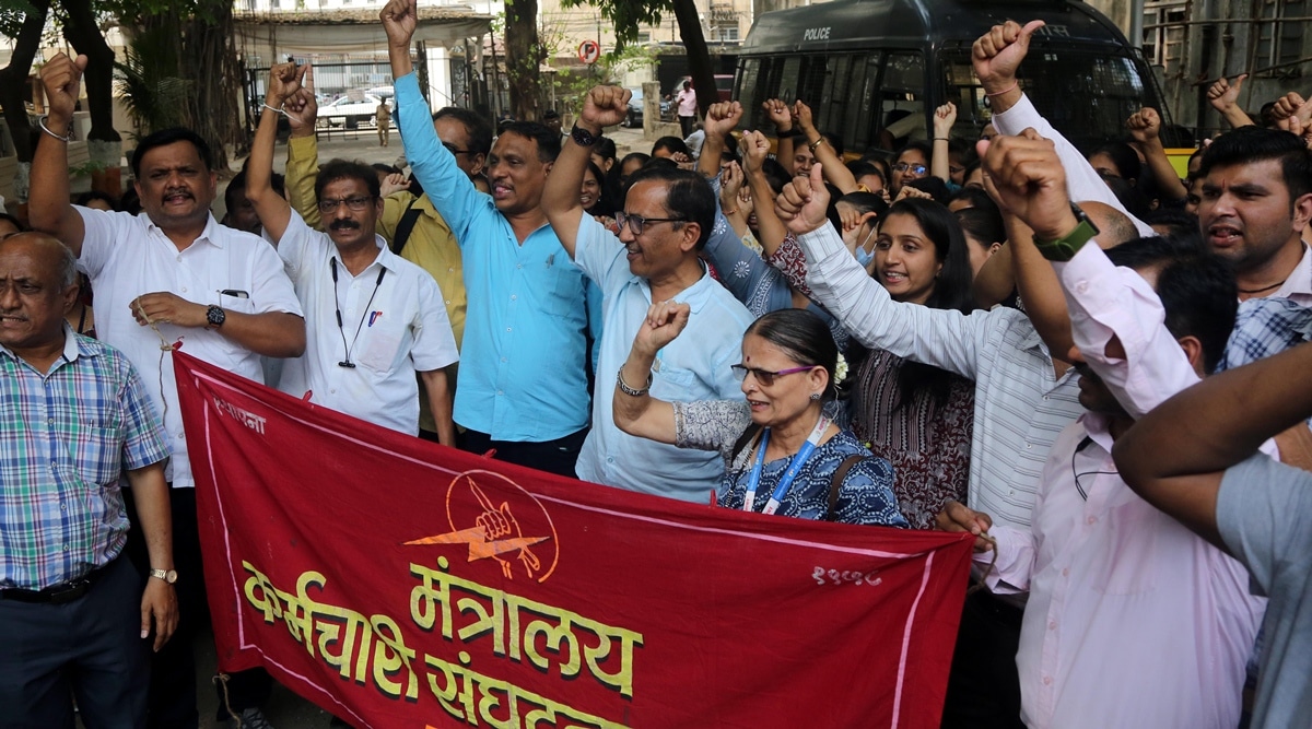 Government employees demand implementation of the old pension scheme, outside Mantralaya on Wednesday. (Express photo by Ganesh Shirsekar)