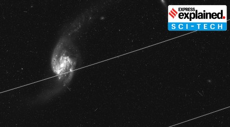 A photo taken by the Hubble Space Telescope shows satellite trails. (NASA, ESA, Kruk et al. via The New York Times)