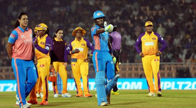 umbai Indians player Hayley Matthews reacts after umpire decision during Women's Premier League (WPL) T20 cricket match against the UP Warriorz, in Mumbai, Sunday, March 12, 2023. (PTI Photo)