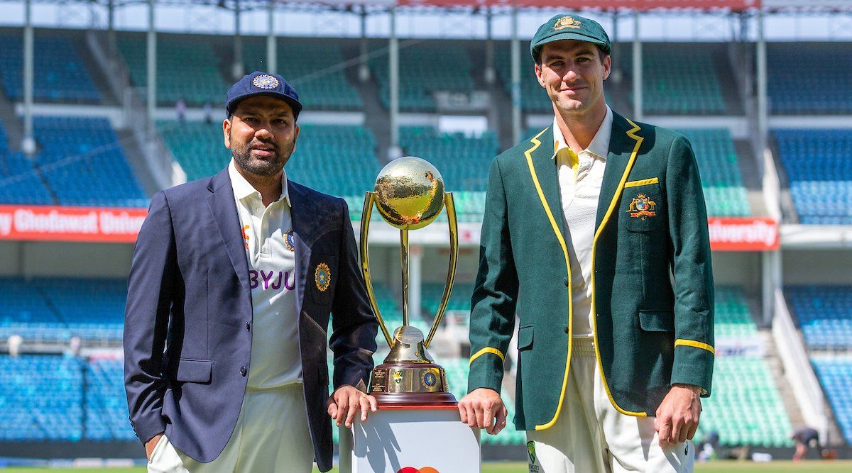 Indian Captain Rohit Sharma and Australian Captain Pat Cummins with the ICC WTC trophy 