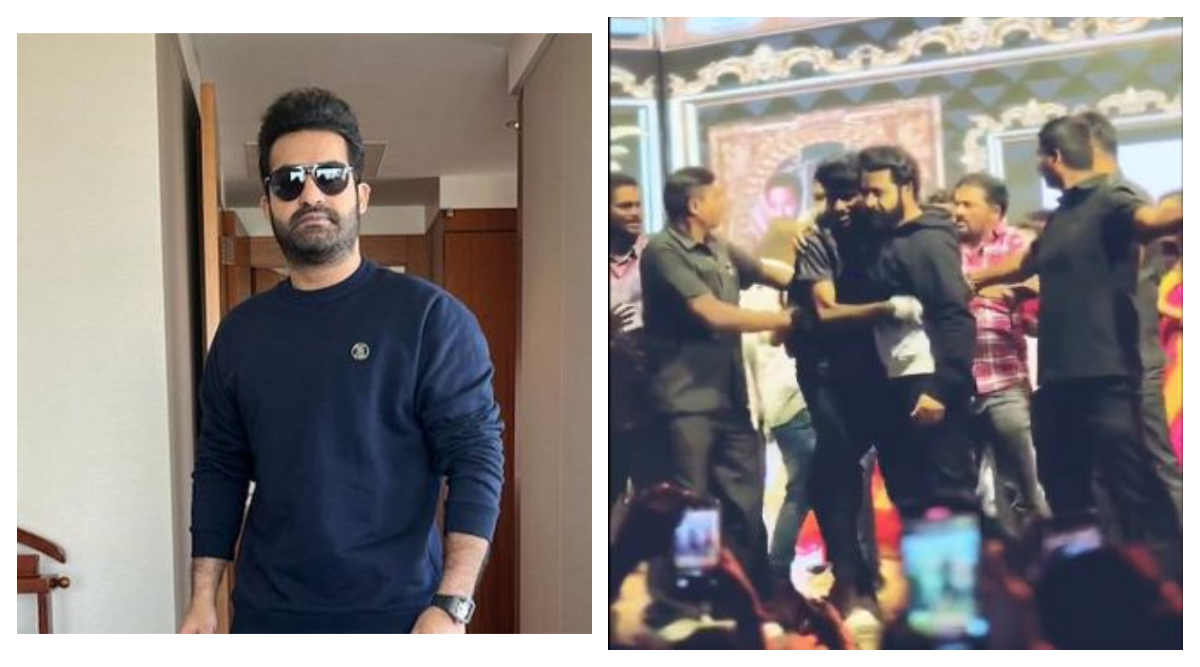 Jr NTRs fan pushes past security and grabs him on stage, watch how the actor responded Telugu News